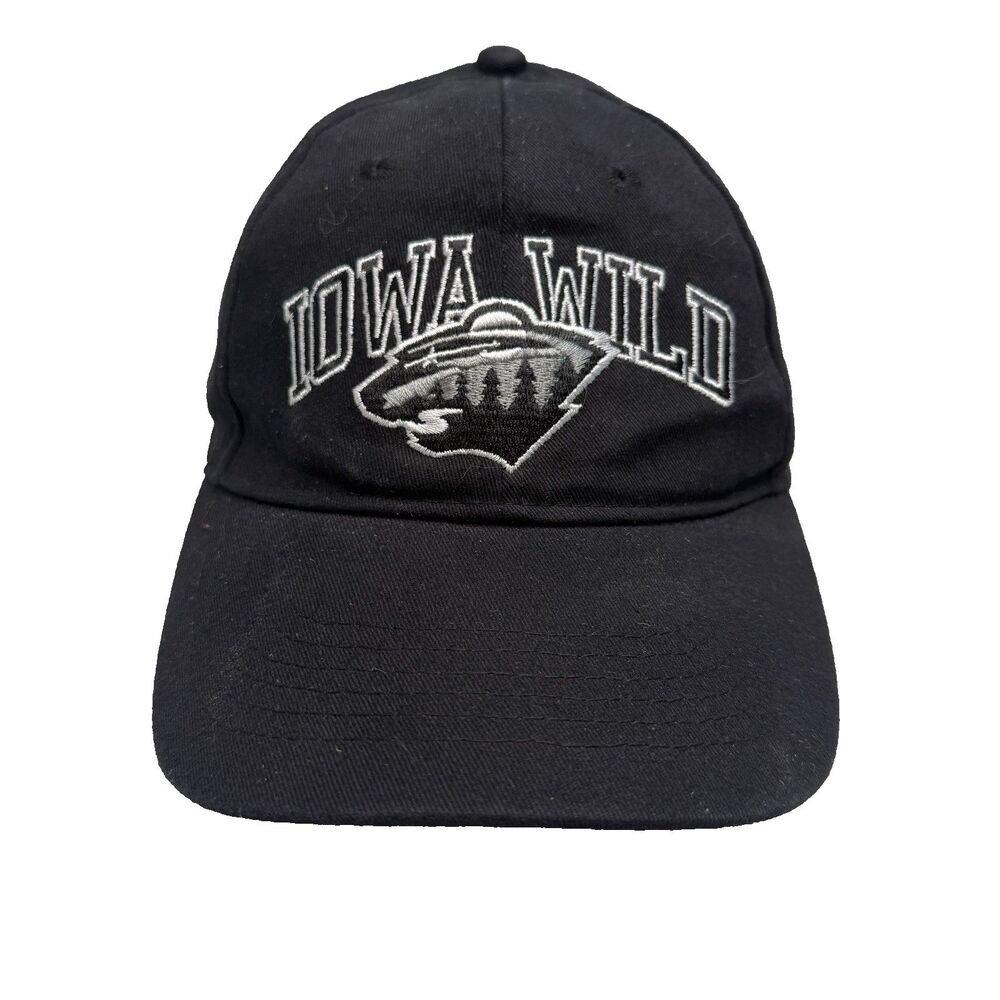 Iowa Wild AHL Hockey Hat Black Cotton Hook & Loop Adjustable Strapback EUC